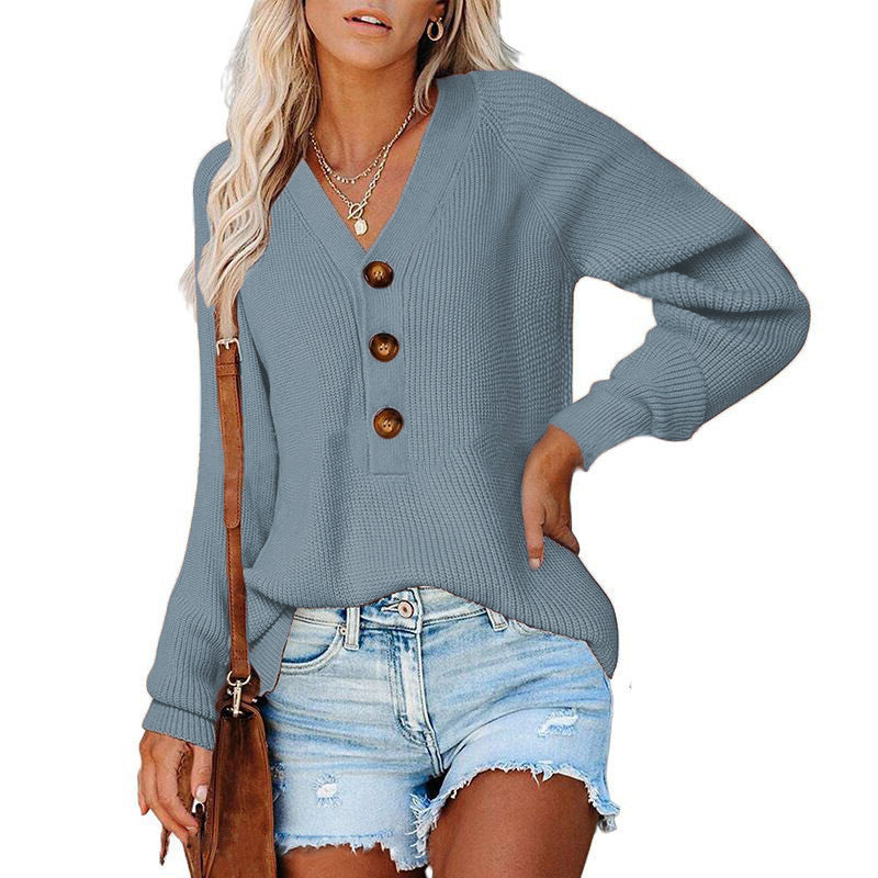 Women's Ribbed Knit Sweater with V-Neck, Decorative Button Placket and Balloon Sleeves Mune Fashion