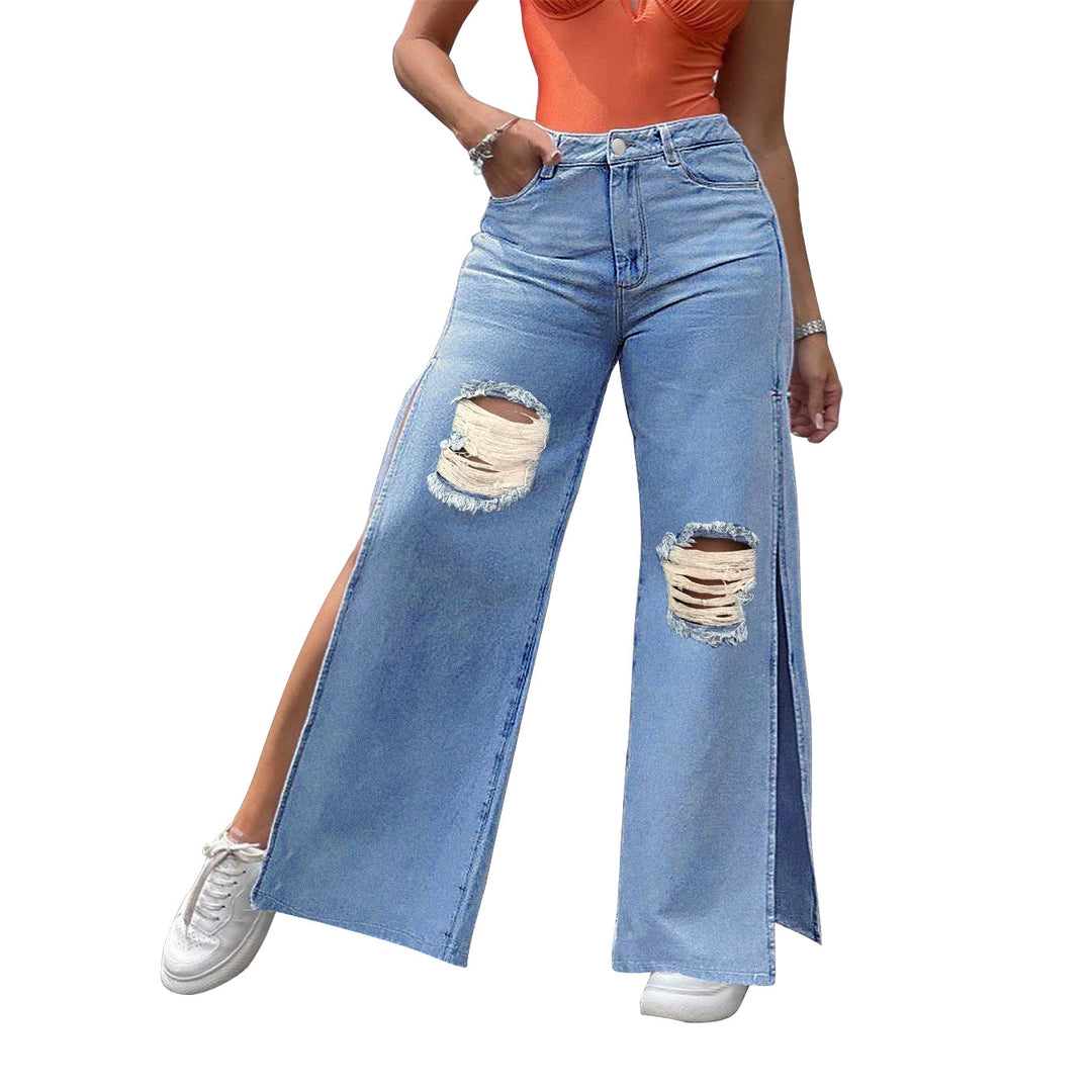 Ladies High-Waisted Wide-Leg Jeans with Knee Rips and Side Slits Mune Fashion