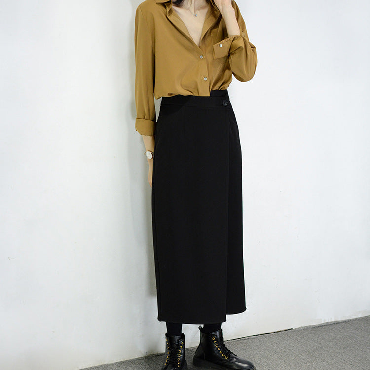 Women's high-waisted wrap maxi skirt with side button detail and straight fall Mune Fashion