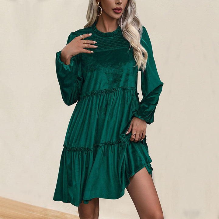 Women's Velvet Dress with Tiered Skirt, Ruffling and Stand-up Collar Mune Fashion