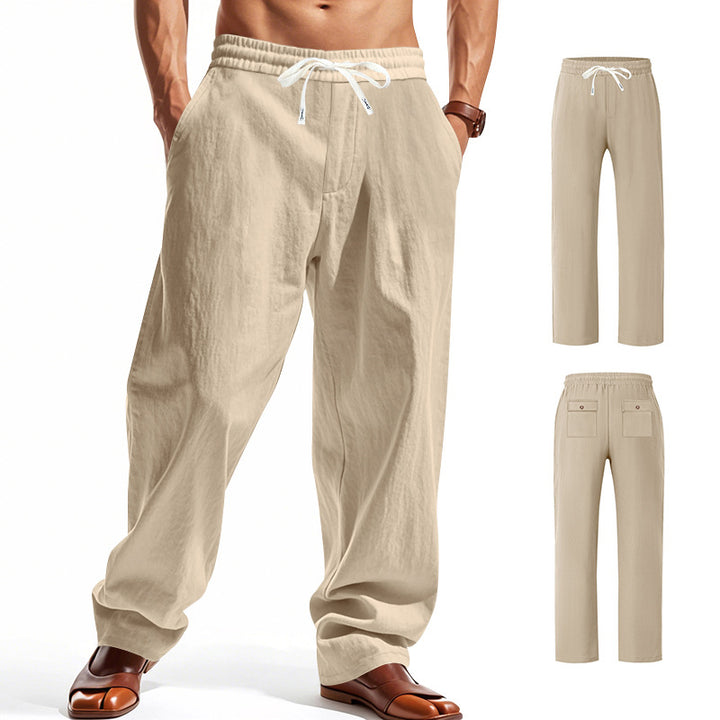 Men's wide comfort trousers in linen blend with elastic drawstring, straight leg, and patch back pockets Mune Fashion