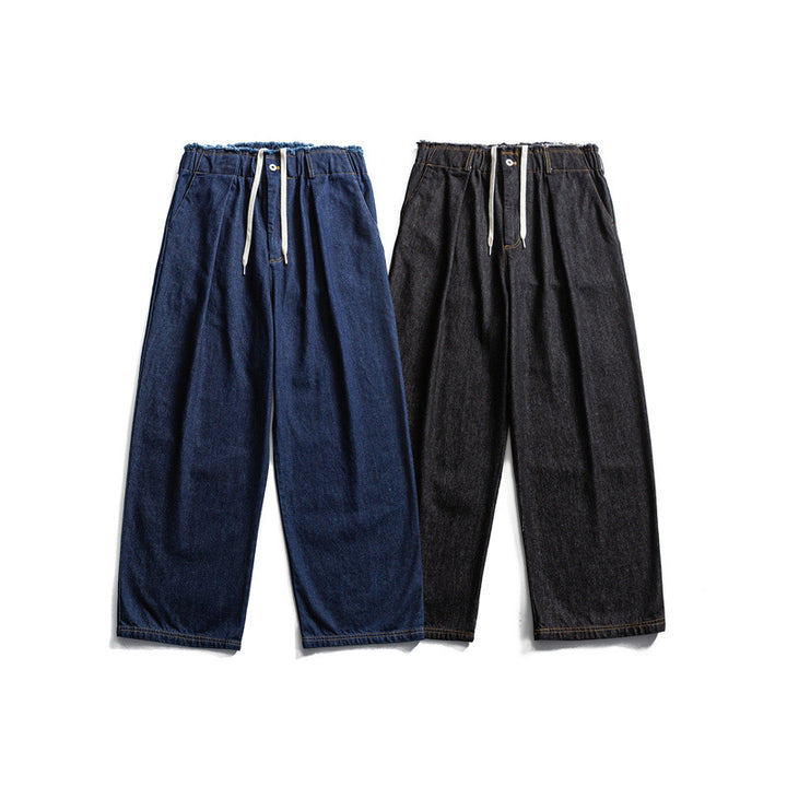 Men's Loose Denim Pants with Elastic Drawstring Waistband and Pleats Mune Fashion