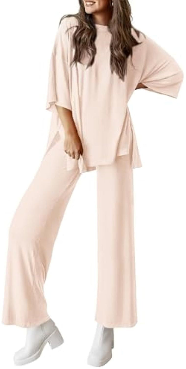 Women's Casual Lounge Set made of Soft Jersey with Oversized Tunic and Wide Palazzo Pants Drune