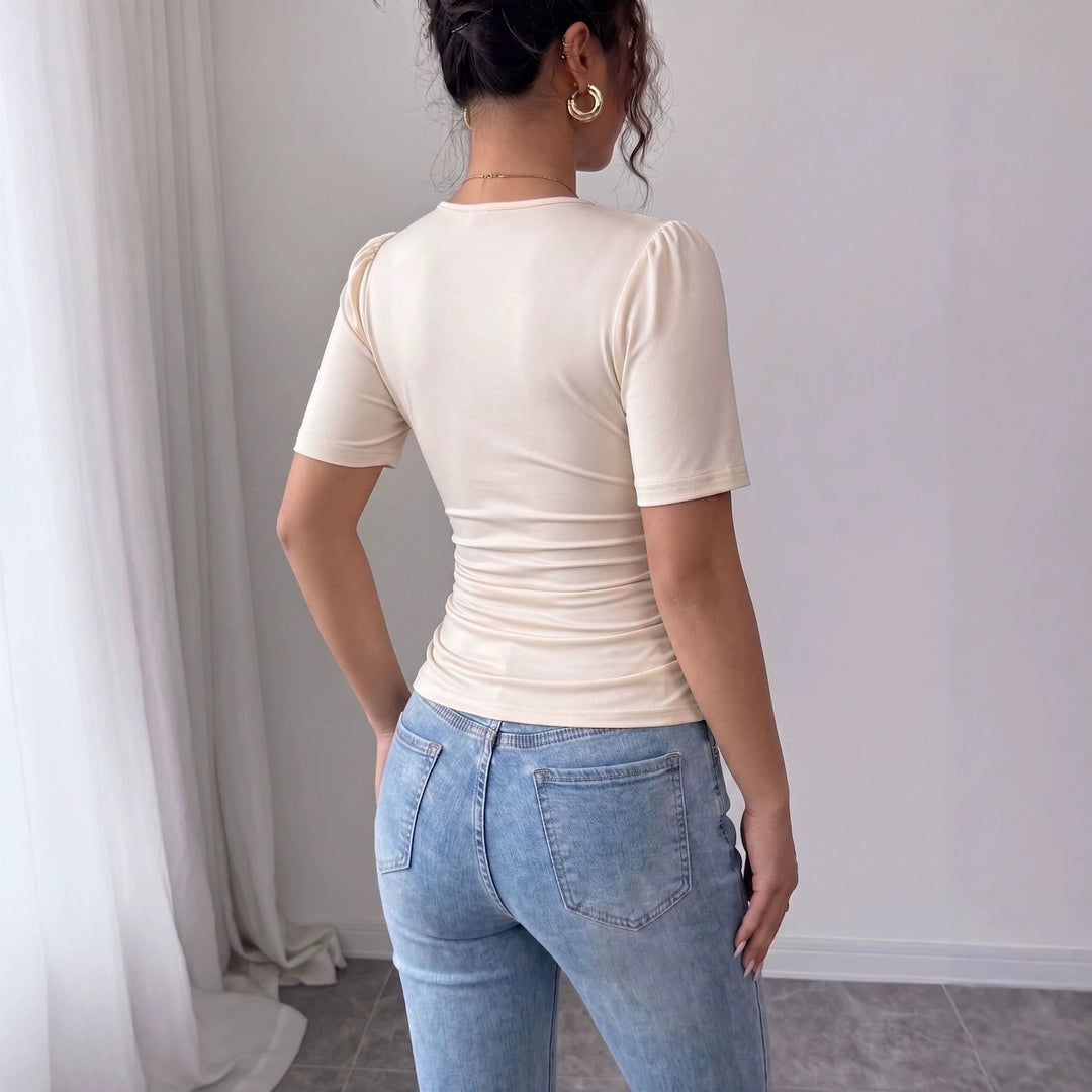 Women nano tailored draped short sleeve top with pearl trim and V-neck Mune Fashion