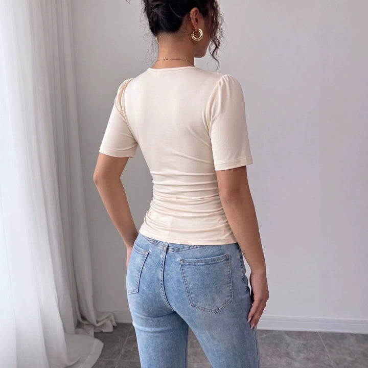 Women nano tailored draped short sleeve top with pearl trim and V-neck Mune Fashion