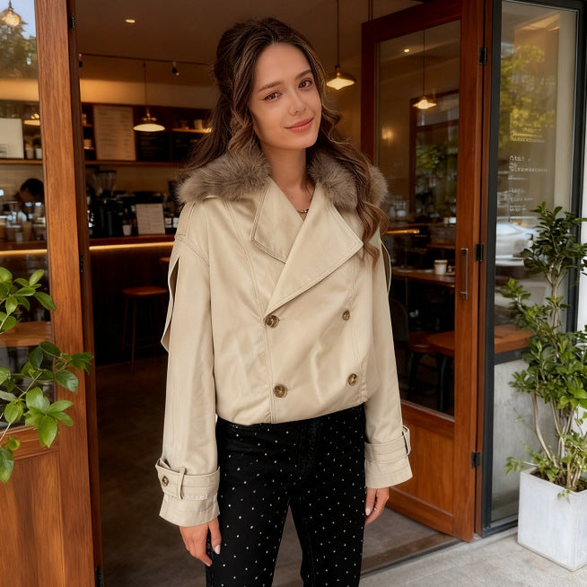 Women's double-breasted blouson with removable faux fur collar, waist drawstring and adjustable cuffs Mune Fashion