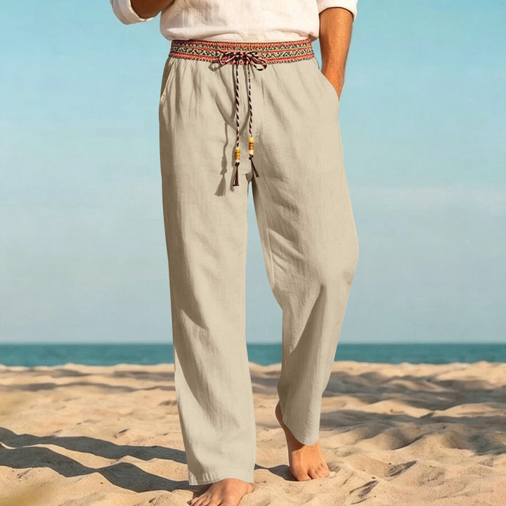 Men's Linen Look Casual Trousers with Embroidered Drawstring Waistband and Drawstring