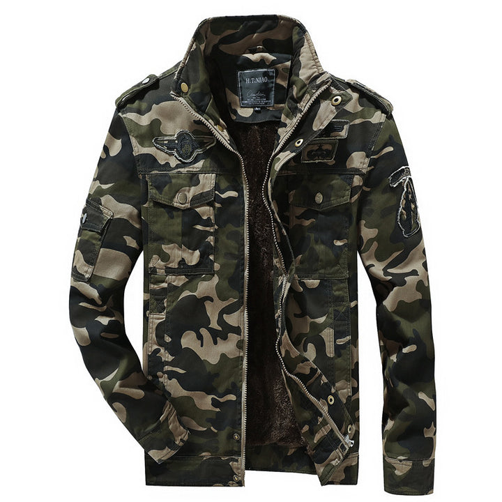Men's field jacket in camouflage pattern with teddy fleece lining, multiple pockets and shoulder epaulets Mune Fashion