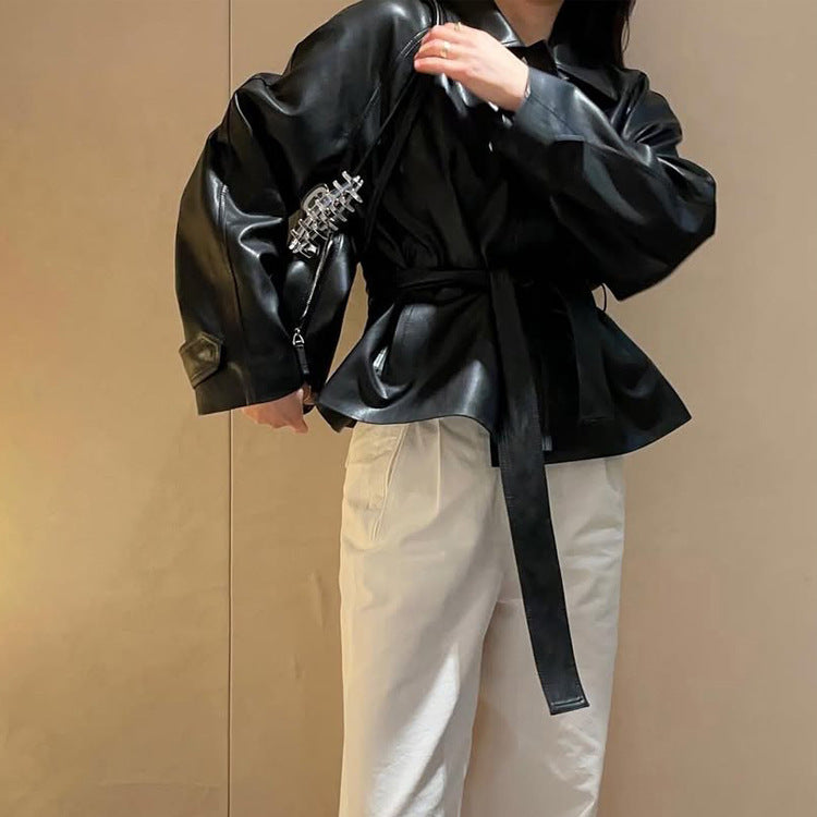 Women's Tailorable Faux Leather Jacket with Wrap Belt and Boxy Silhouette Mune Fashion