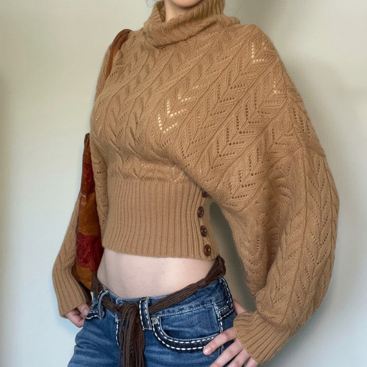 Women's short knit turtleneck with decorative button placket and balloon sleeves Mune Fashion