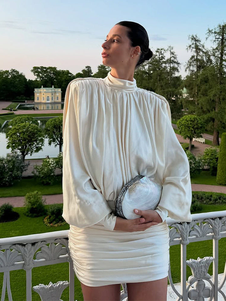 Ladies Elegant Draped Mini Dress with Stand Collar, Balloon Sleeves and Ruched Skirt Mune Fashion