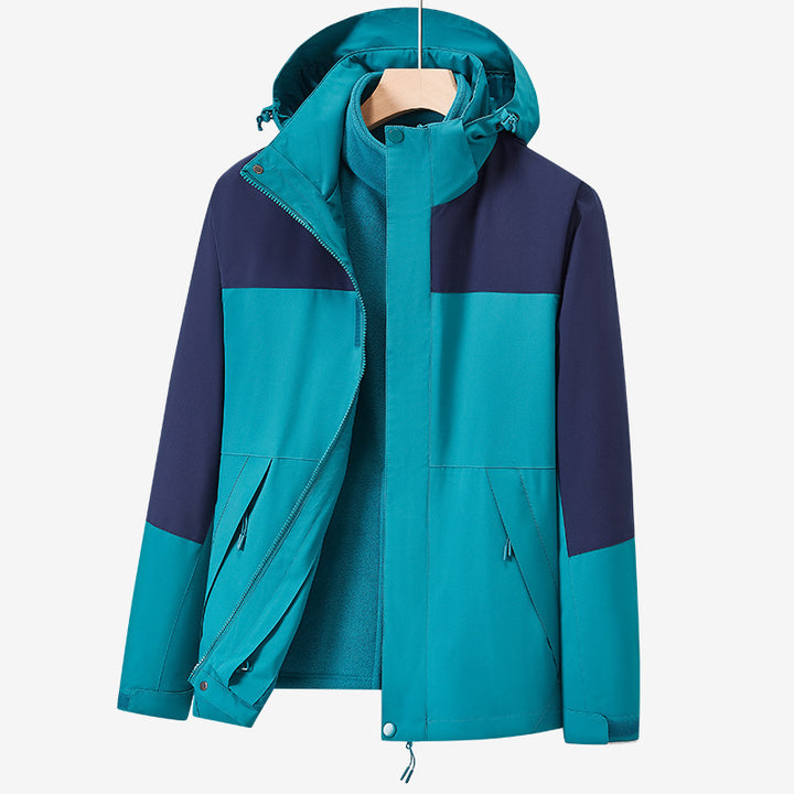 Unisex two-layer water-repellent outdoor jacket with hood and color block design Mune Fashion