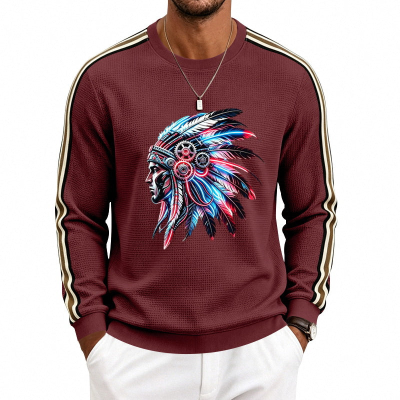 Men's sweatshirt with feather headpiece print, waffle structure and contrasting shoulder stripes Mune Fashion