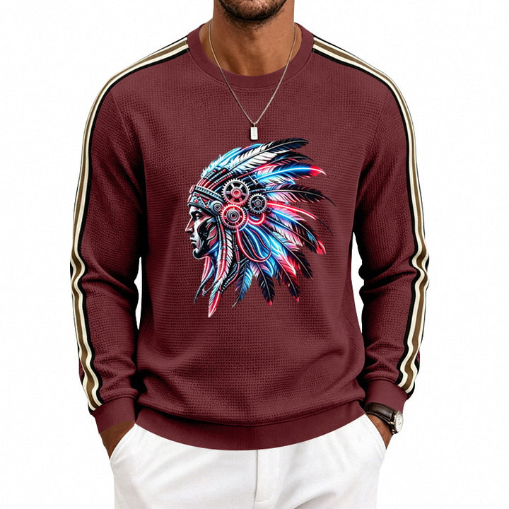 Men's sweatshirt with feather headpiece print, waffle structure and contrasting shoulder stripes Mune Fashion
