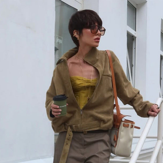 Women's Oversized Suede Bomber Jacket with Tailoring Belt and Asymmetrical Zipper Mune Fashion