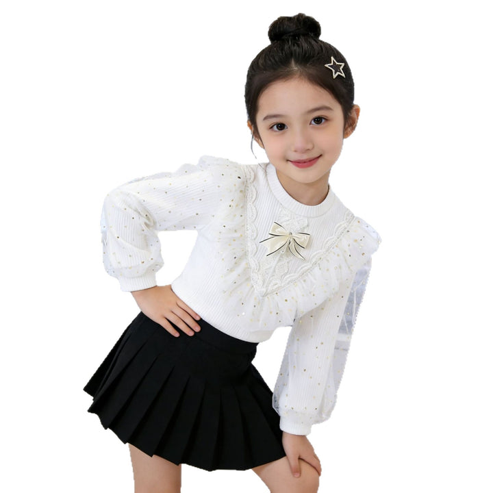 Girl long sleeve shirt with decorative tulle sleeves and lace applications Mune Fashion