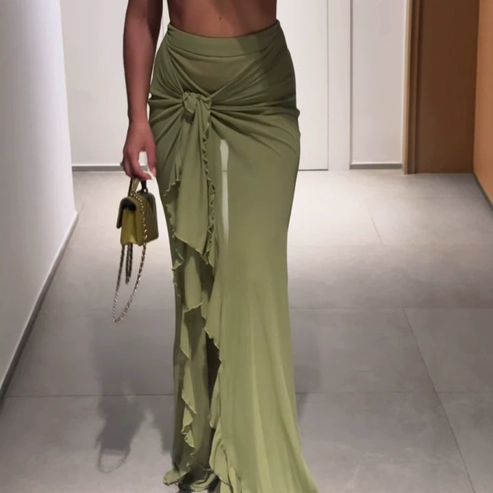 Women's High-Waisted Maxi Skirt with Asymmetrical Gathering, Knot Detail, and Ruffle Slit Mune Fashion