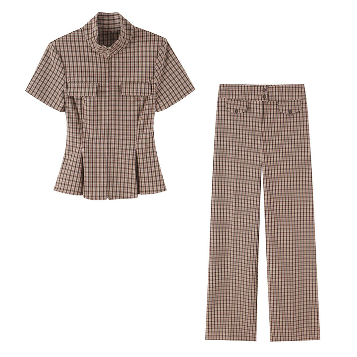 Women High-waisted wide fabric pants with check pattern and decorative flaps Mune Fashion