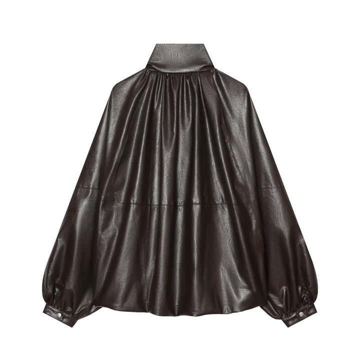 Women Oversized Leather-Like Cape with Stand Collar and Balloon Sleeves Mune Fashion