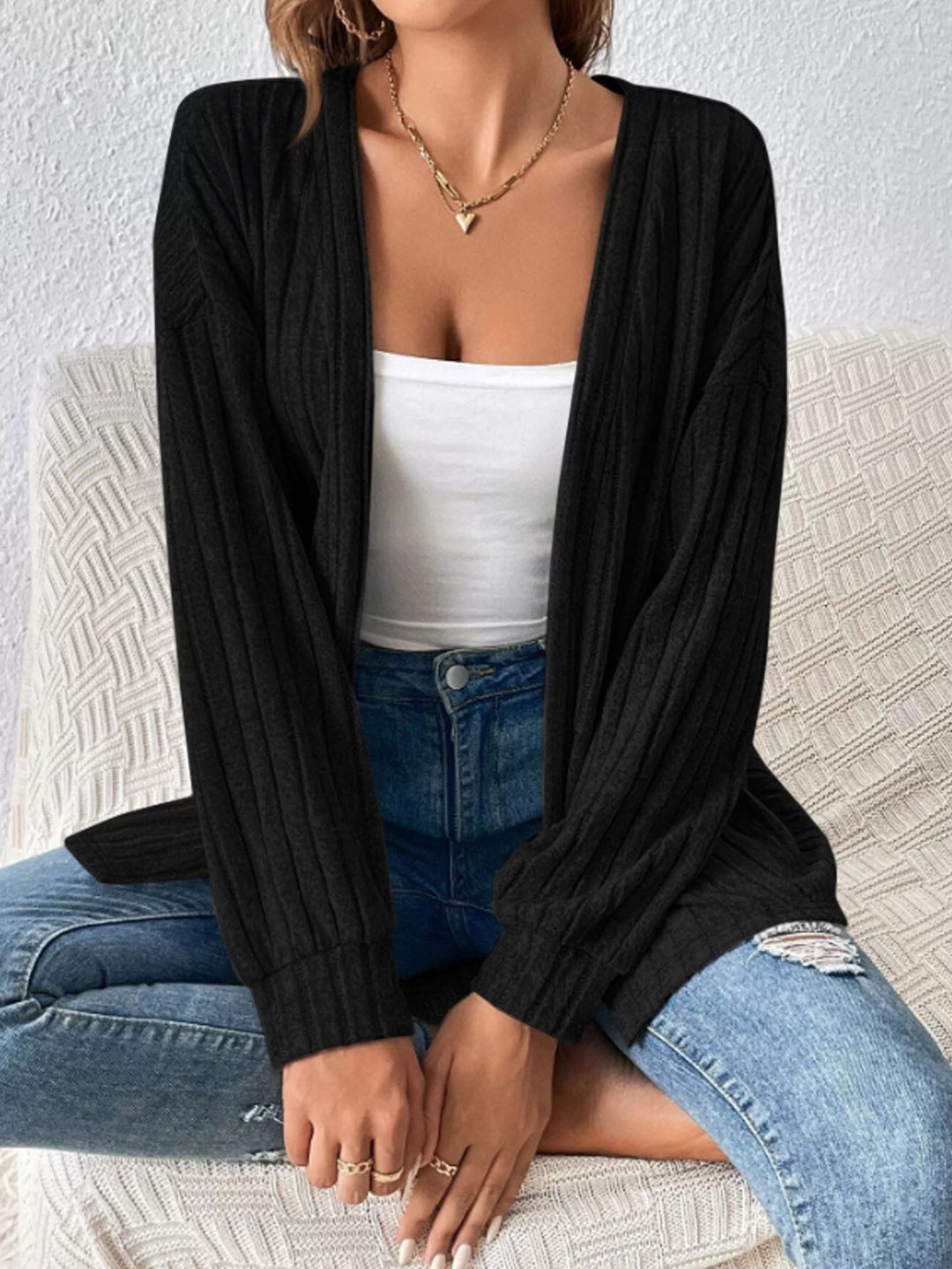 Women's Open Ribbed Long Cardigan made of fine knit with Oversized Sleeves Mune Fashion
