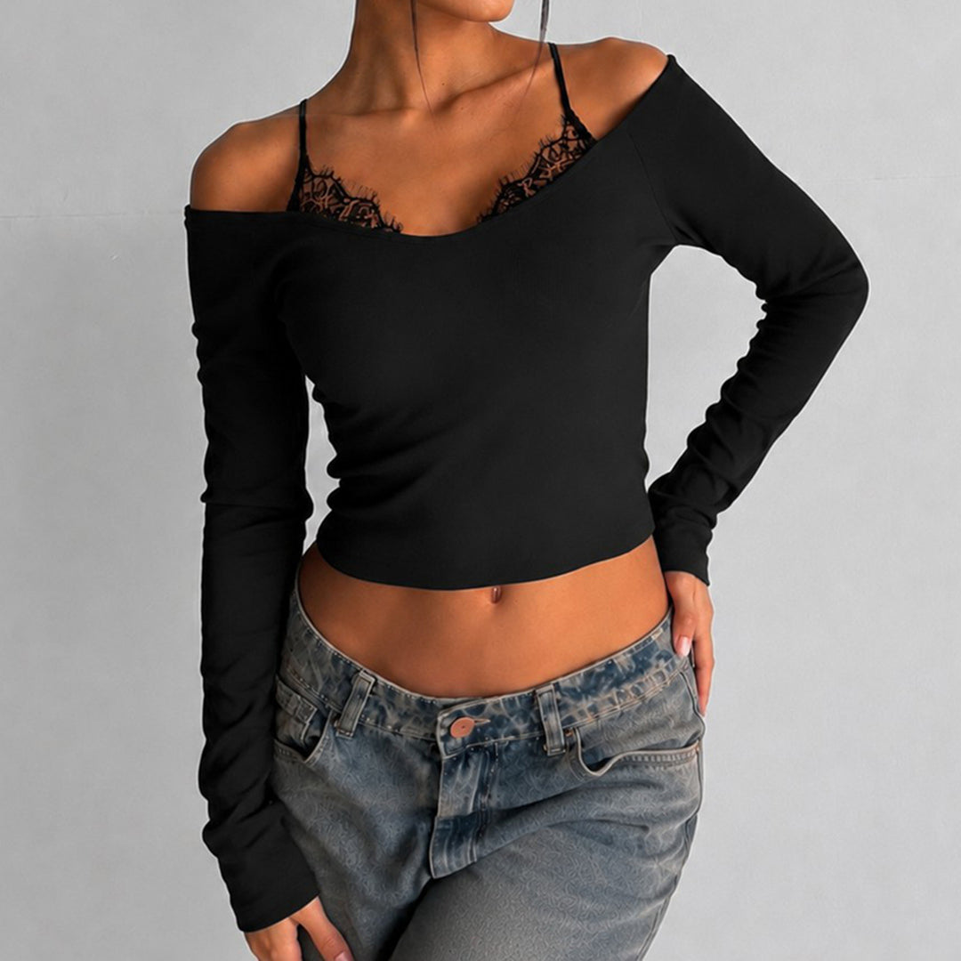 Women Off-Shoulder Long Sleeve Cami with Delicate Lace Lining and Adjustable Spaghetti Straps Mune Fashion