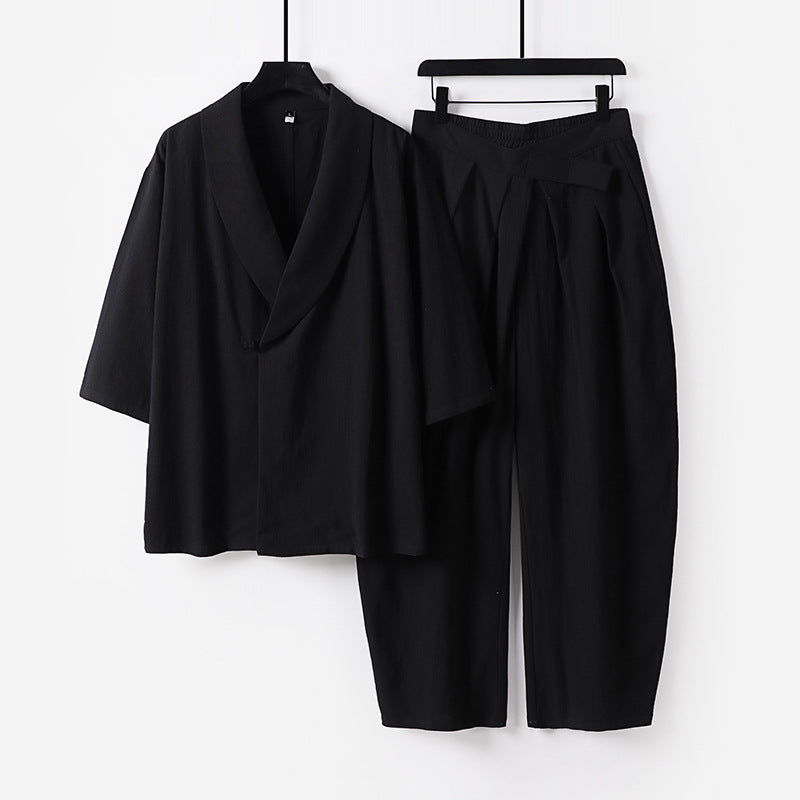 Women's Two-Piece Kimono Loungewear Set with Shawl Collar Short Sleeve Top and High-Waisted Pleated Pants Mune Fashion