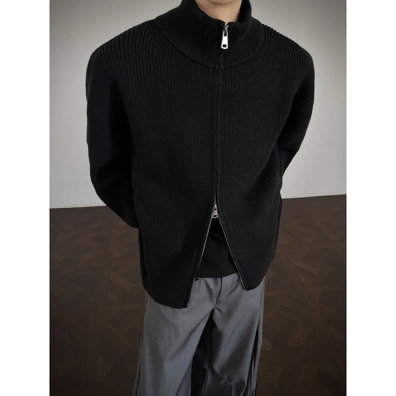 Unisex chunky knit zip jacket with stand-up collar and two-way zipper Mune Fashion