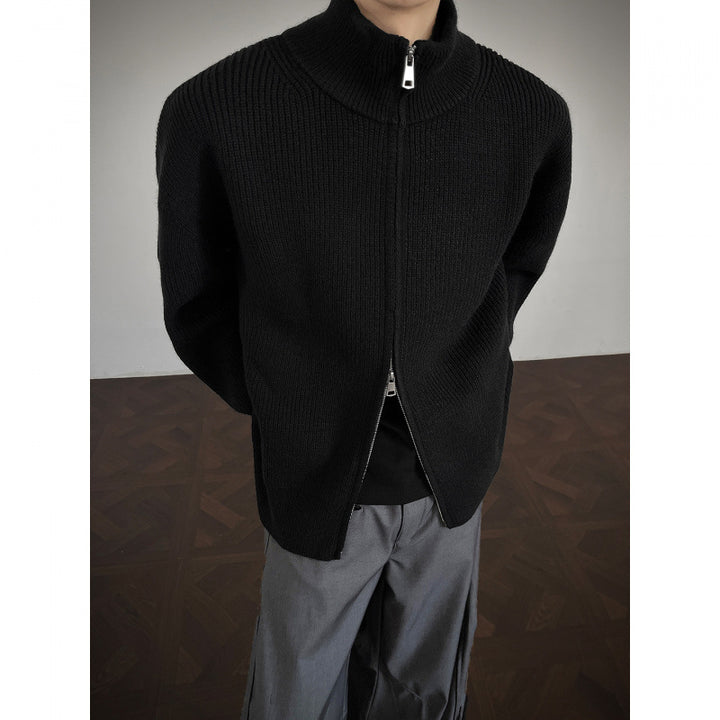 Unisex chunky knit zip jacket with stand-up collar and two-way zipper Mune Fashion