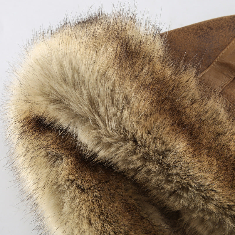 Men's aviator jacket made of vintage leather look with teddy lining and hood Mune Fashion