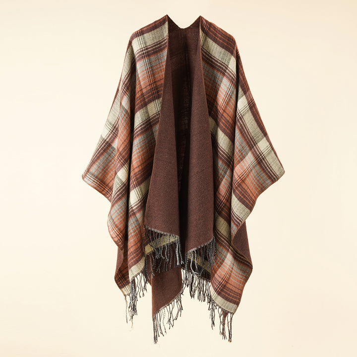 Ladies Kastiger Plaid-Ruana made of lightweight wool blend with decorative fringed hem Mune Fashion