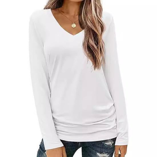 Women Figure-Hugging V-Neck Long Sleeve Shirt made of Stretch Jersey with Slightly Gathered Hem