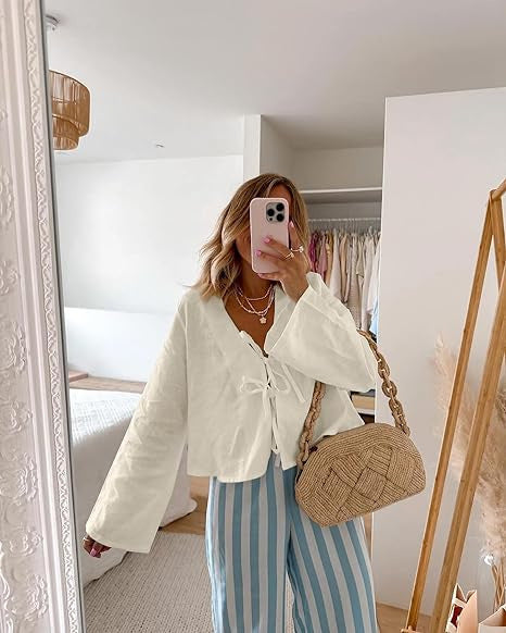 Women's Light Linen Look Tie Blouse with V-Neck, Bell Sleeves and Knot Band Mune Fashion