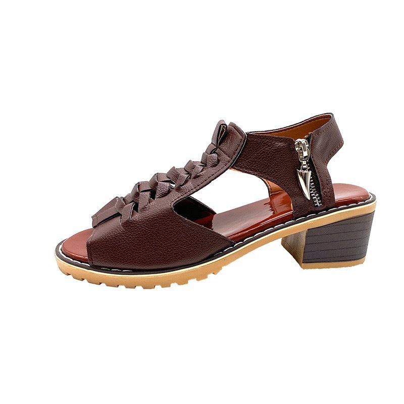 Women's Braided Leather Block Heel Sandal with Zipper and Padded Sole Mune Fashion