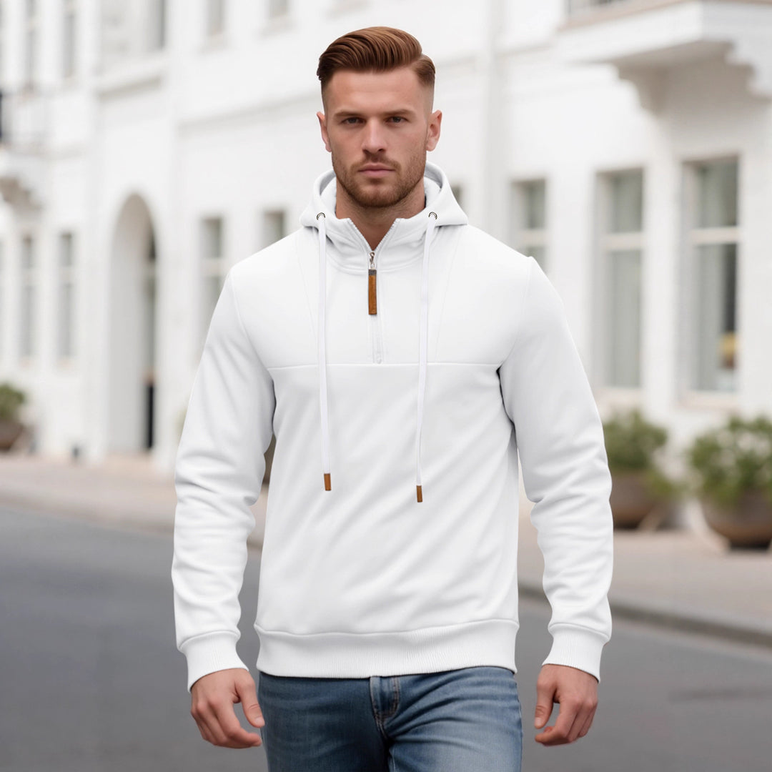 Men's Half-Zip Hooded Sweatshirt with Stand-Up Collar, Drawstring and Leather Details Mune Fashion