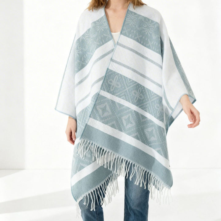 Women Oversize Cape with woven diamond jacquard, V-neck and fringe hem Mune Fashion