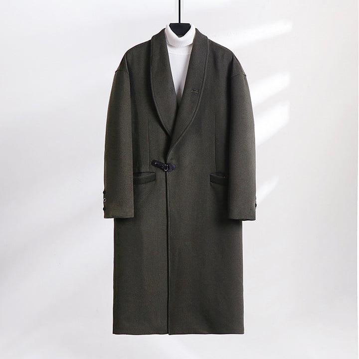 Men's Floor-Length Wool Blend Coat with Wide Shawl Collar and Decorative Toggle Closure Mune Fashion