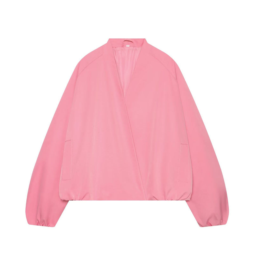 Ladies Lightweight Cropped Bomber Jacket in Oversized Look with Open Shawl Collar Mune Fashion