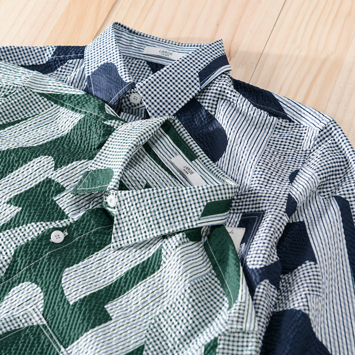 Men's Loose Patterned Cotton Overshirt with Crinkle Structure Mune Fashion
