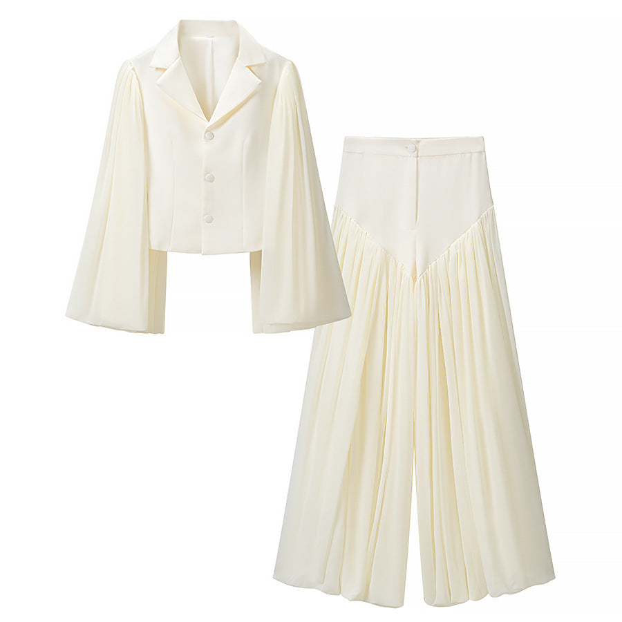 Women's Two-Piece Set with Short Blazer featuring Dramatic Bell Sleeves and Pleated Palazzo Pants Mune Fashion