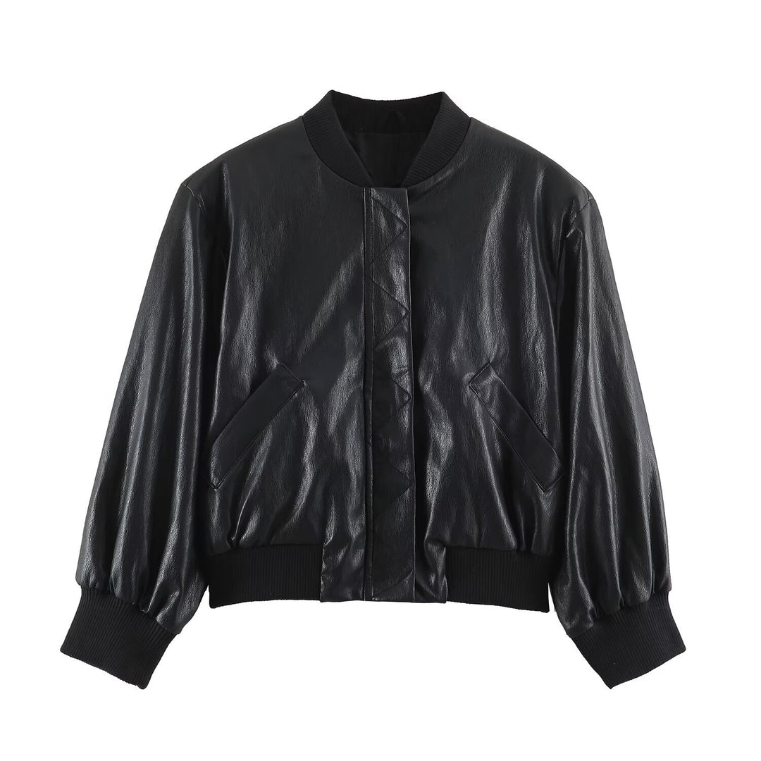Women's bomber jacket in leather look with hidden flap, figure-hugging ribbed waistband and slanted flap pockets Mune Fashion