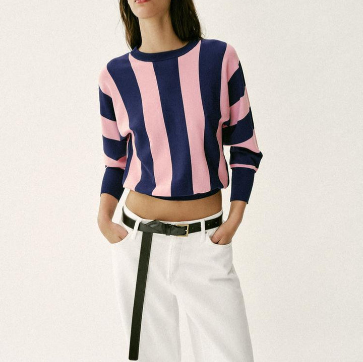 Women's Oversized Knit Sweater with Wide Stripes, Round Neckline and Extended Ribbed Sleeves Mune Fashion