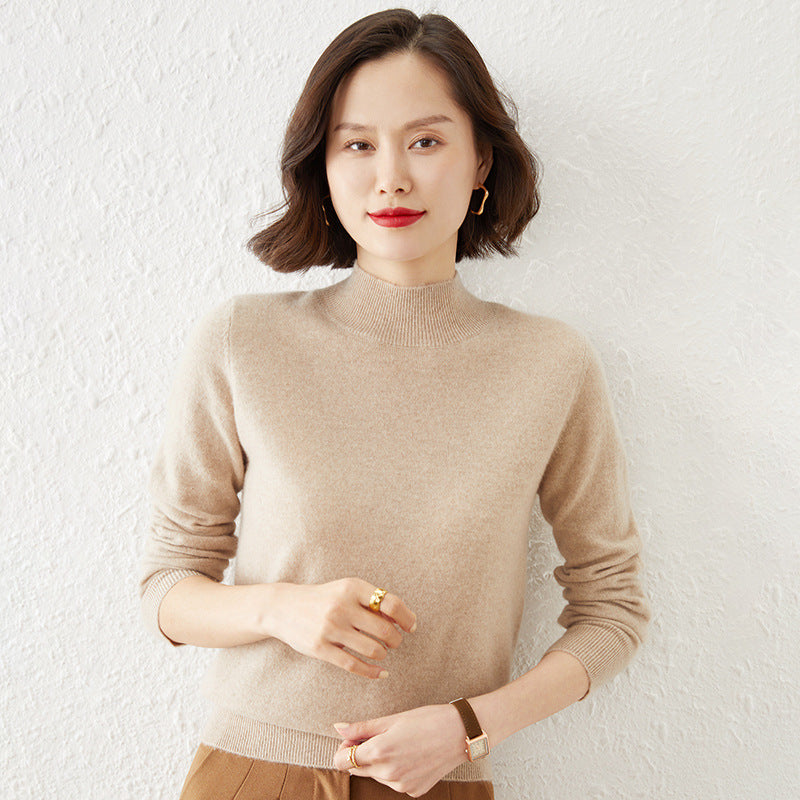 Women Luxurious Cashmere Fine Knit Sweater with Standing Collar Mune Fashion