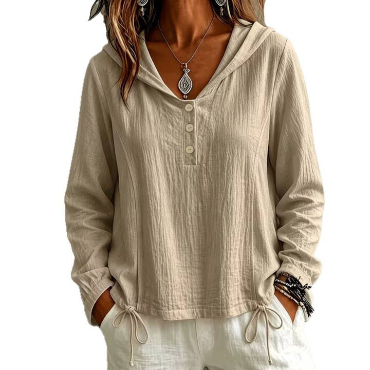 Women's Light Hooded Blouse made of Cotton Crinkle with Button Placket and Drawstring Hem Mune Fashion
