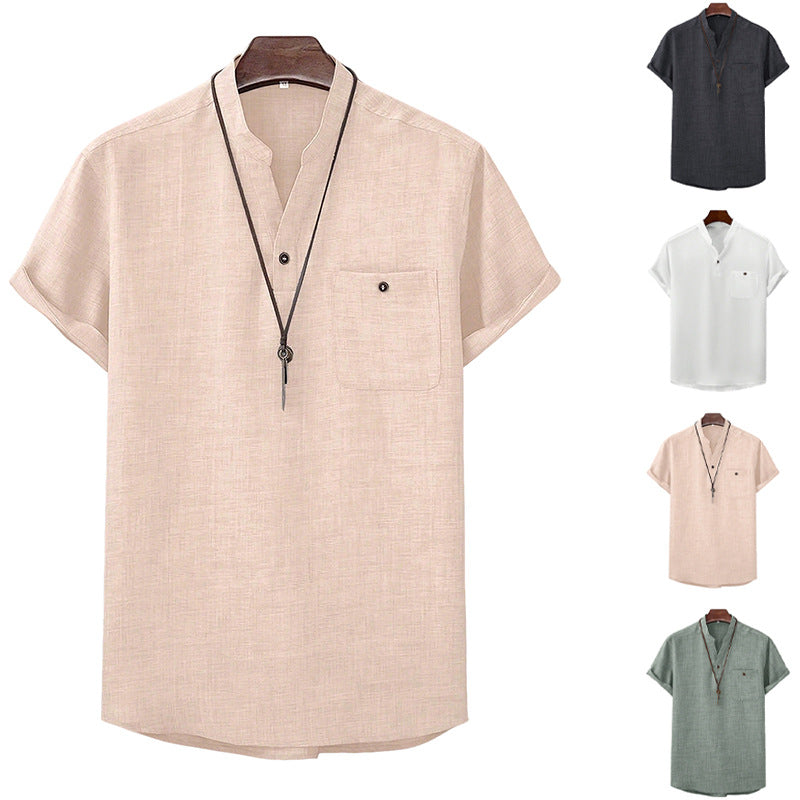 Men's casual Mandarin-style short-sleeve shirt with half-button placket, patch chest pocket, and rounded hem Mune Fashion
