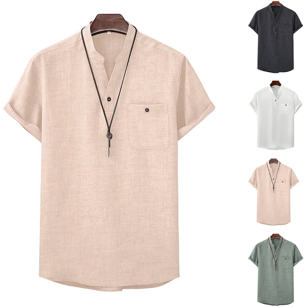 Men's casual Mandarin-style short-sleeve shirt with half-button placket, patch chest pocket, and rounded hem Mune Fashion