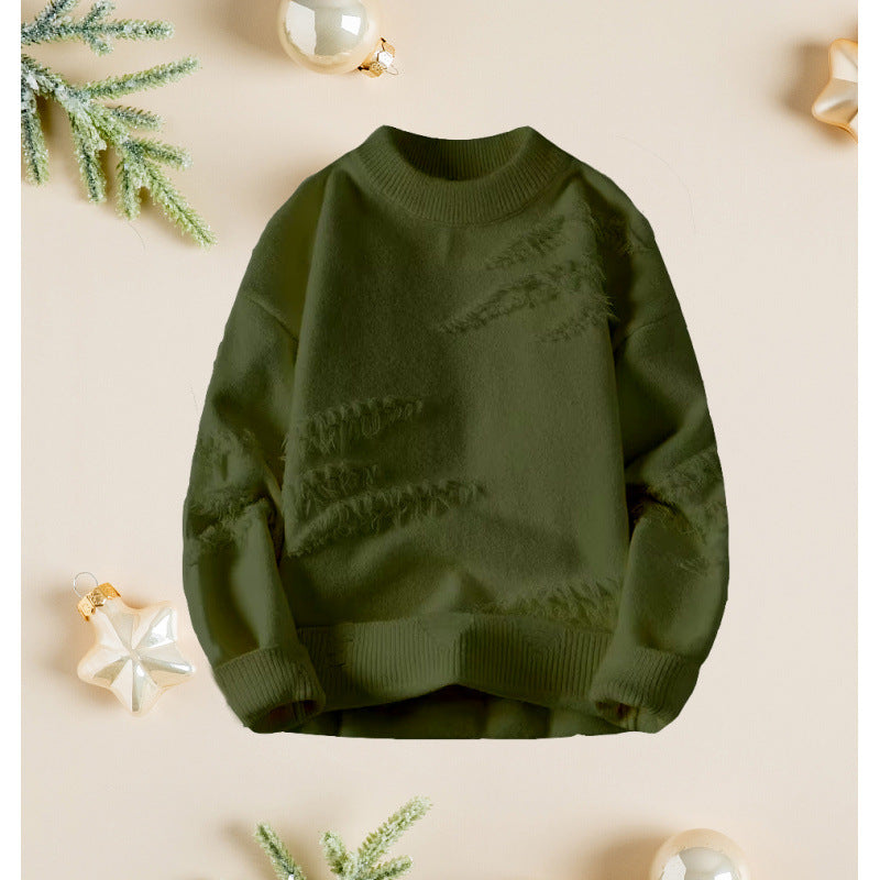 Women's Short Cut Cozy Knit Sweater with Fringe Inserts and High Collar Mune Fashion
