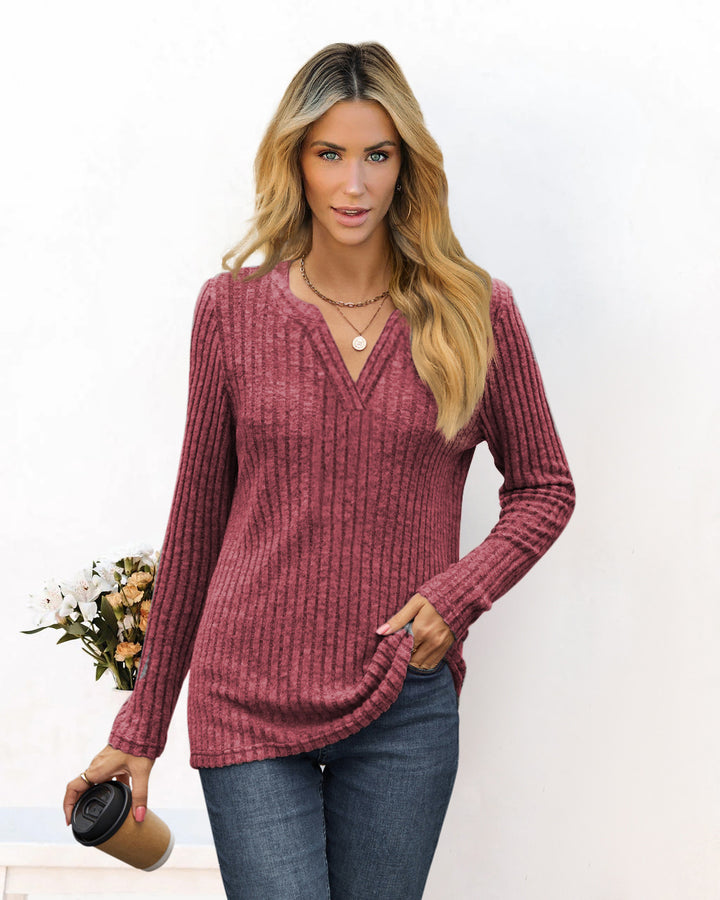 Ladies fine ribbed knit shirt with deep V-neck and tunic length Mune Fashion