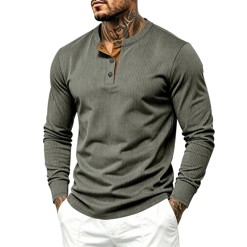 Men's Long Sleeve Ribbed Knit Henley Shirt with Button Placket and Round Neck Collar Mune Fashion
