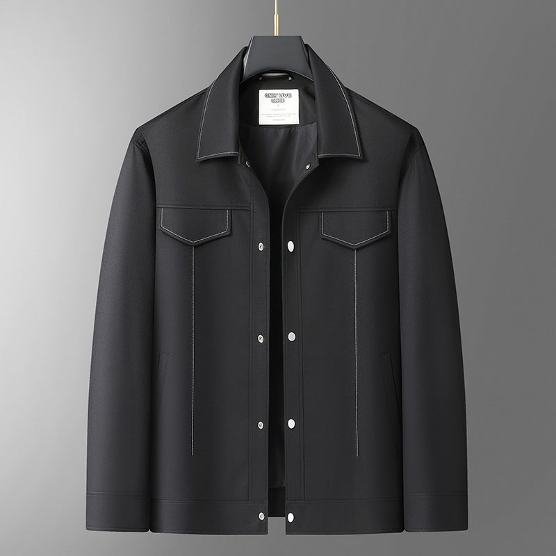 Men's Smooth Artificial Leather Overshirt with Shirt Collar and Snap Button Closure Mune Fashion