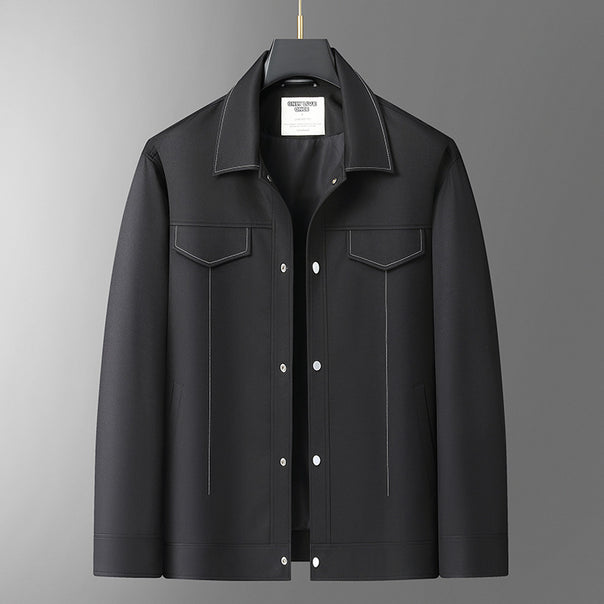 Men's Smooth Artificial Leather Overshirt with Shirt Collar and Snap Button Closure Mune Fashion
